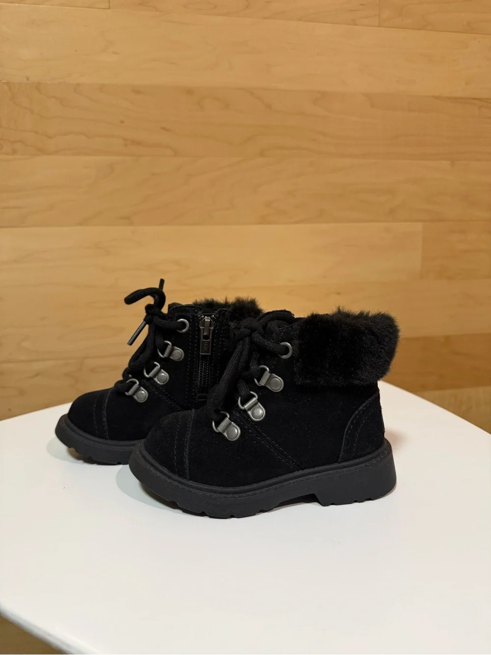 UGG Black Suede Fur-Trim Lace-Up Ankle Boots